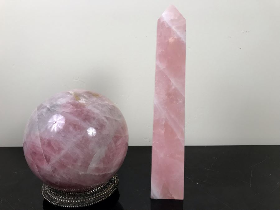 Polished Pink Quartz Sphere 7'R With Ornate Silverplate Stand And Polished Pink Quartz Obelisk 13'H [Photo 10]