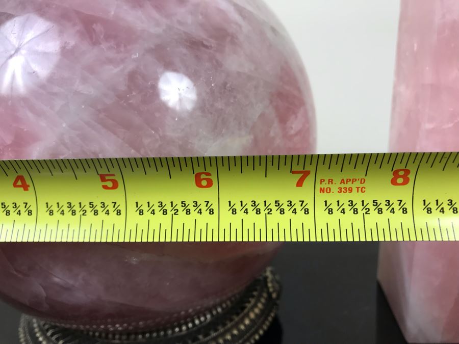 Polished Pink Quartz Sphere 7'R With Ornate Silverplate Stand And Polished Pink Quartz Obelisk 13'H [Photo 11]