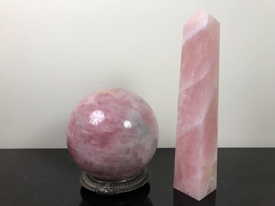 Polished Pink Quartz Sphere 7'R With Ornate Silverplate Stand And Polished Pink Quartz Obelisk 13'H [Photo 1]
