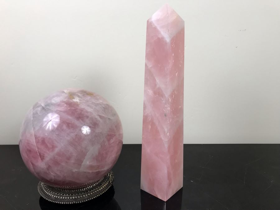 Polished Pink Quartz Sphere 7'R With Ornate Silverplate Stand And Polished Pink Quartz Obelisk 13'H [Photo 9]