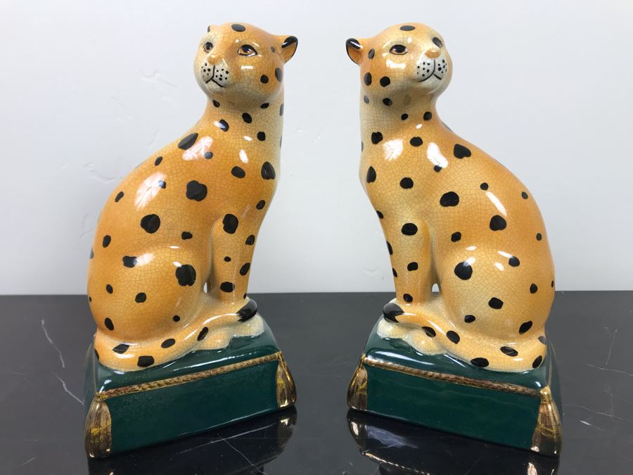 Pair Of Decorative Painted Ceramic Leopards 8'H [Photo 1]