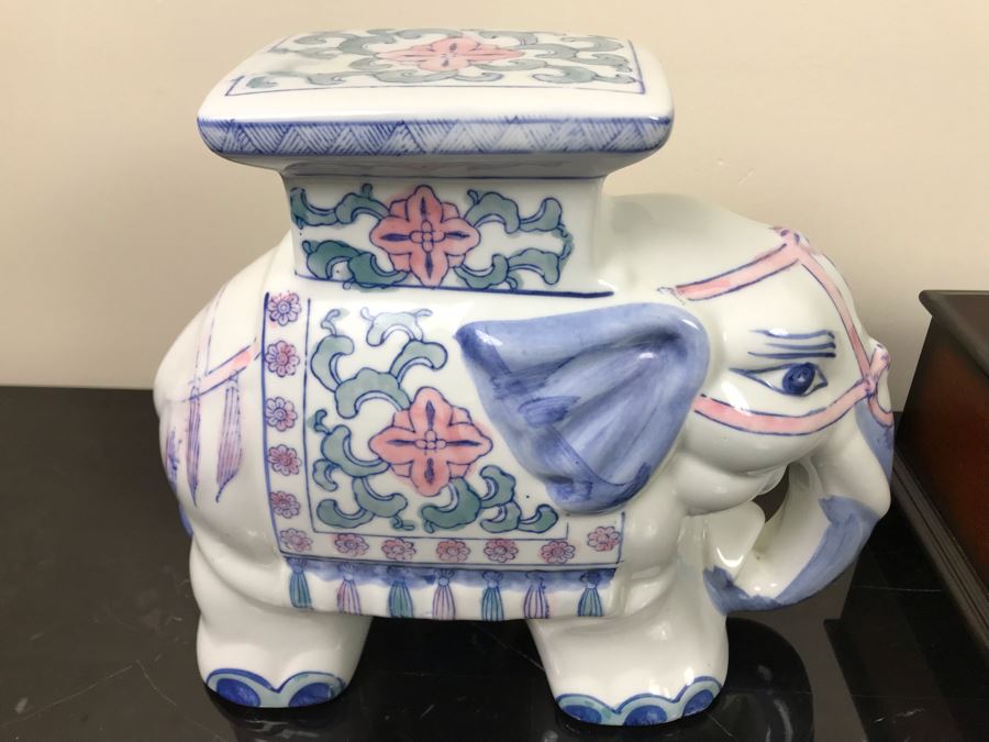 Painted Elephant Figurine 9'H And Lockable Box With Elephant Finial