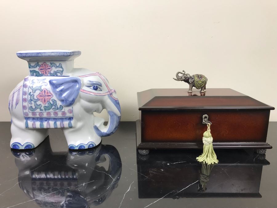 Painted Elephant Figurine 9'H And Lockable Box With Elephant Finial [Photo 1]