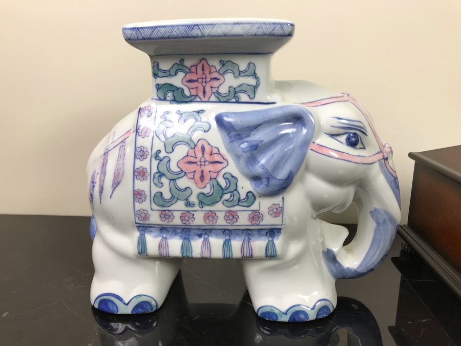 Painted Elephant Figurine 9'H And Lockable Box With Elephant Finial