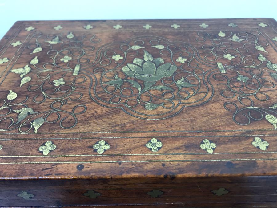 Vintage Detailed Brass Inlay Morrocan Jewelry Box 12'W X 8'D X 4'H [Photo 7]
