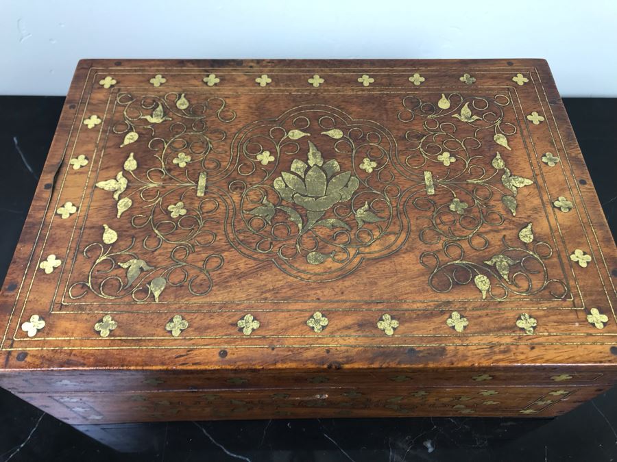 Vintage Detailed Brass Inlay Morrocan Jewelry Box 12'W X 8'D X 4'H [Photo 6]