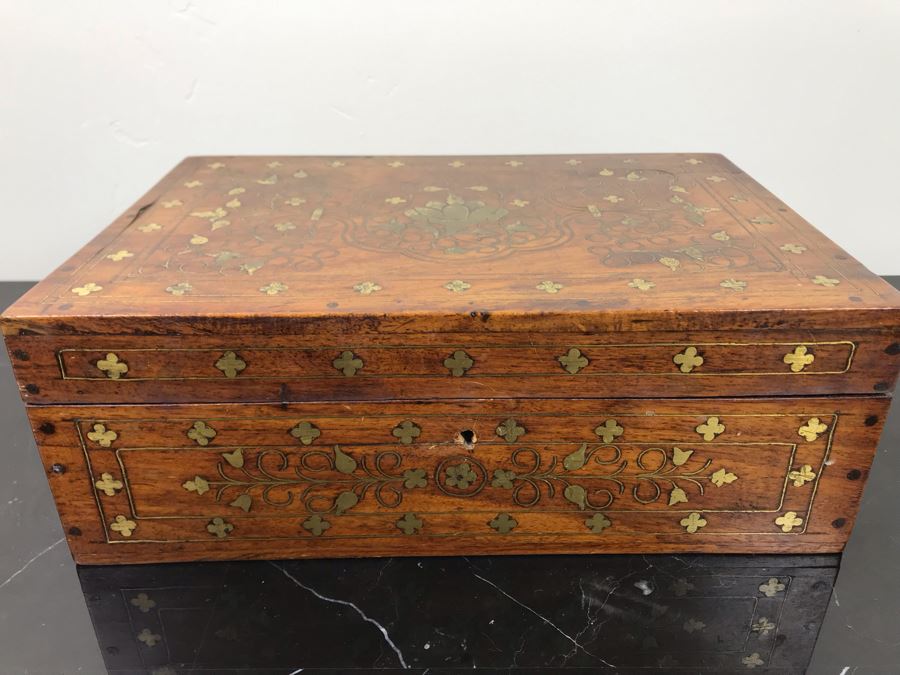 Vintage Detailed Brass Inlay Morrocan Jewelry Box 12'W X 8'D X 4'H