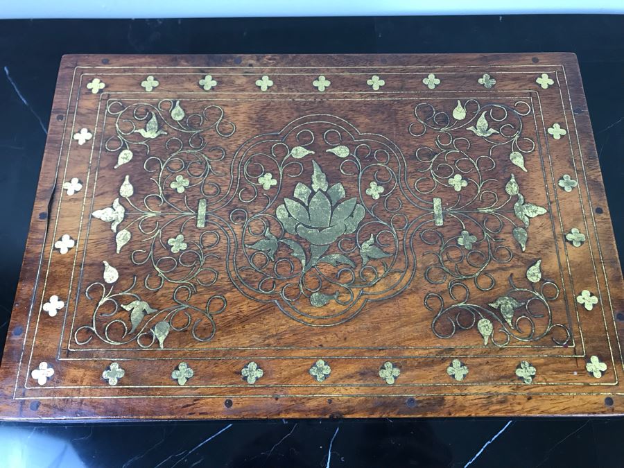 Vintage Detailed Brass Inlay Morrocan Jewelry Box 12'W X 8'D X 4'H [Photo 8]