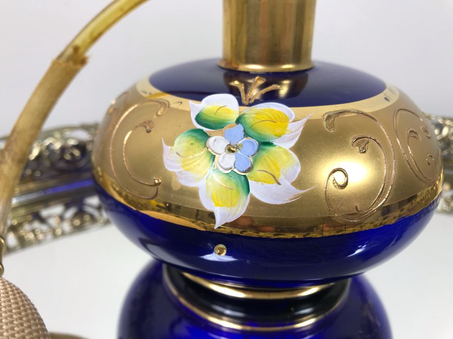 Vintage Mirrored Vanity Tray With Vintage Hand Painted Perfume Bottle [Photo 4]