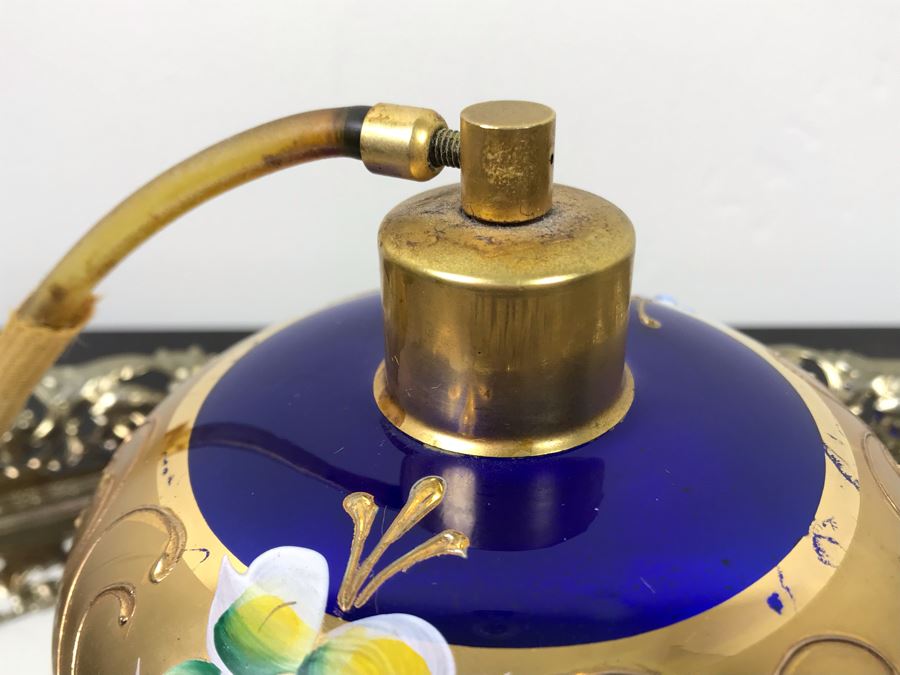 Vintage Mirrored Vanity Tray With Vintage Hand Painted Perfume Bottle [Photo 6]