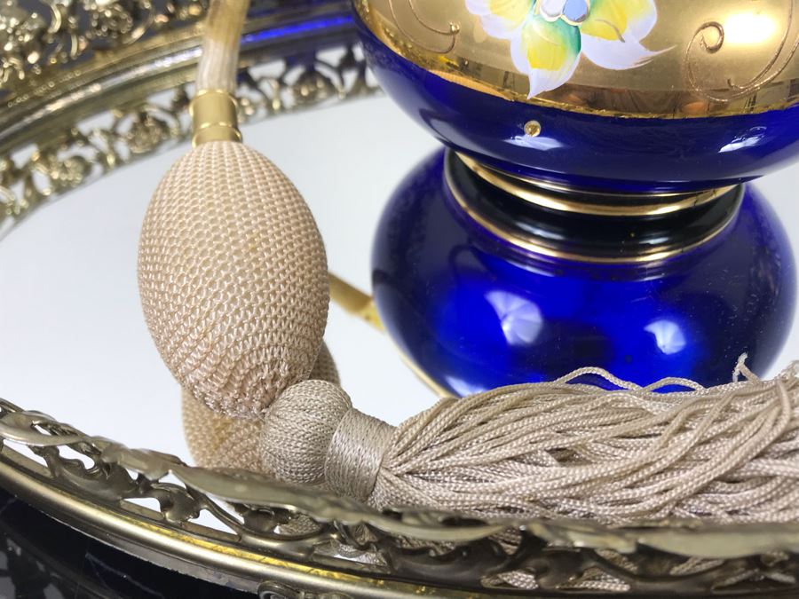 Vintage Mirrored Vanity Tray With Vintage Hand Painted Perfume Bottle [Photo 8]