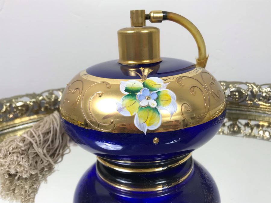 Vintage Mirrored Vanity Tray With Vintage Hand Painted Perfume Bottle [Photo 9]