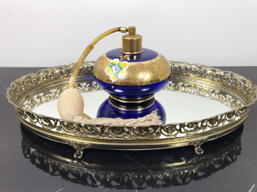 Vintage Mirrored Vanity Tray With Vintage Hand Painted Perfume Bottle [Photo 1]