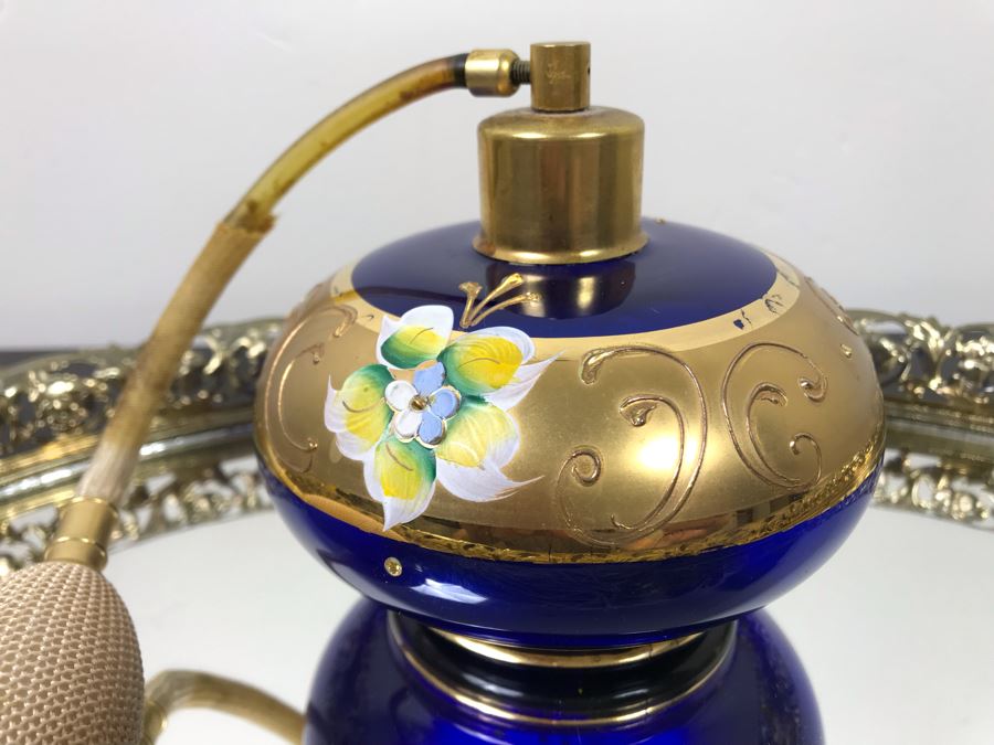 Vintage Mirrored Vanity Tray With Vintage Hand Painted Perfume Bottle [Photo 3]