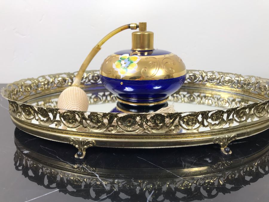 Vintage Mirrored Vanity Tray With Vintage Hand Painted Perfume Bottle