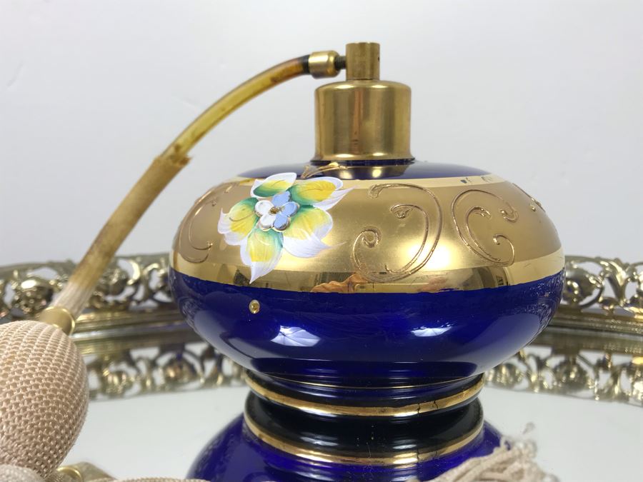 Vintage Mirrored Vanity Tray With Vintage Hand Painted Perfume Bottle [Photo 7]