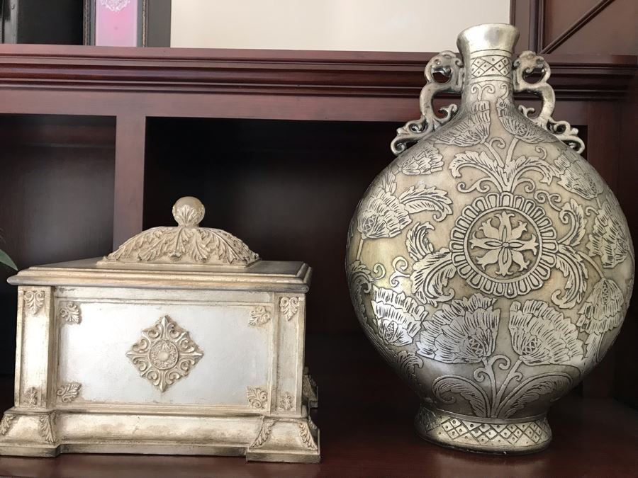 Silver Tone Decorative Box And Vase 21'H [Photo 1]