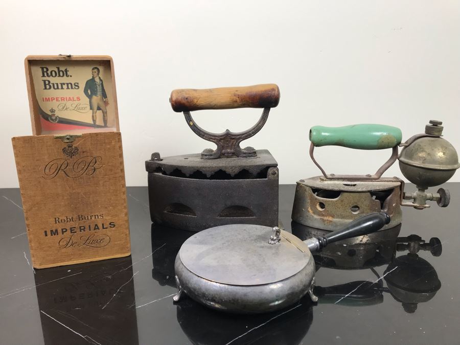 Pair Of Vintage Irons, Vintage Bed Warmer Pan And Vintage Cigar Advertising Box