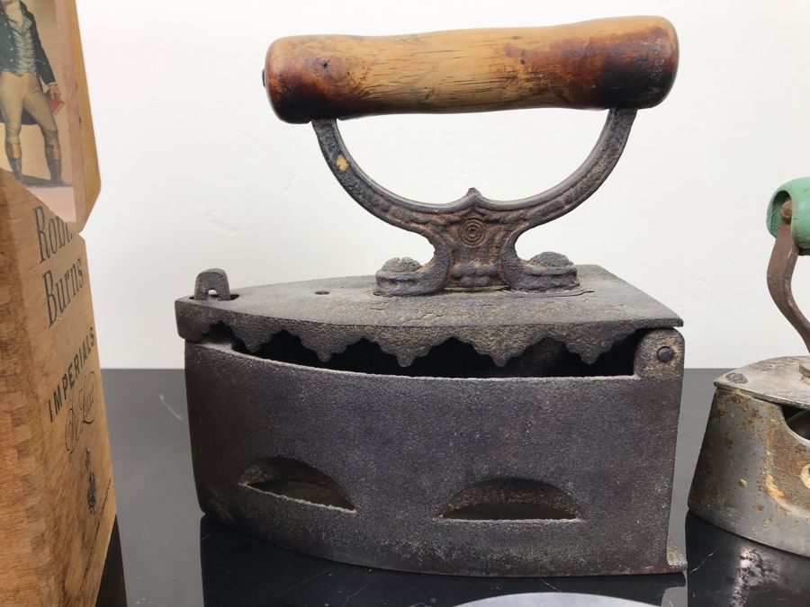 Pair Of Vintage Irons, Vintage Bed Warmer Pan And Vintage Cigar Advertising Box [Photo 4]