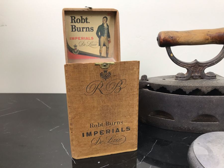 Pair Of Vintage Irons, Vintage Bed Warmer Pan And Vintage Cigar Advertising Box [Photo 2]