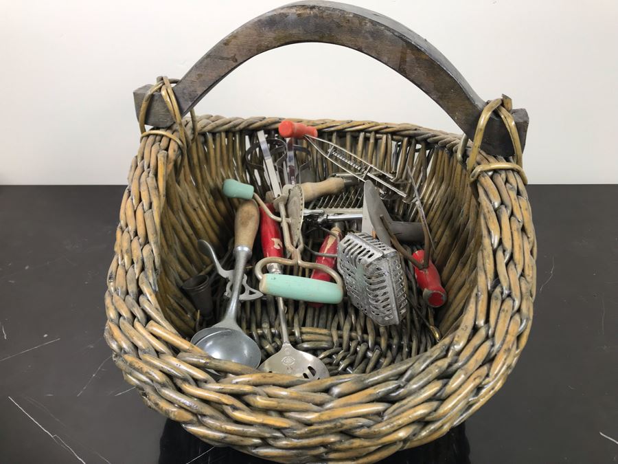 Huge Lot Of Vintage Kitchen Utensils Tools, Vintage Basket With Handle And Vintage Griswold Meat Grinder - See Photos [Photo 2]