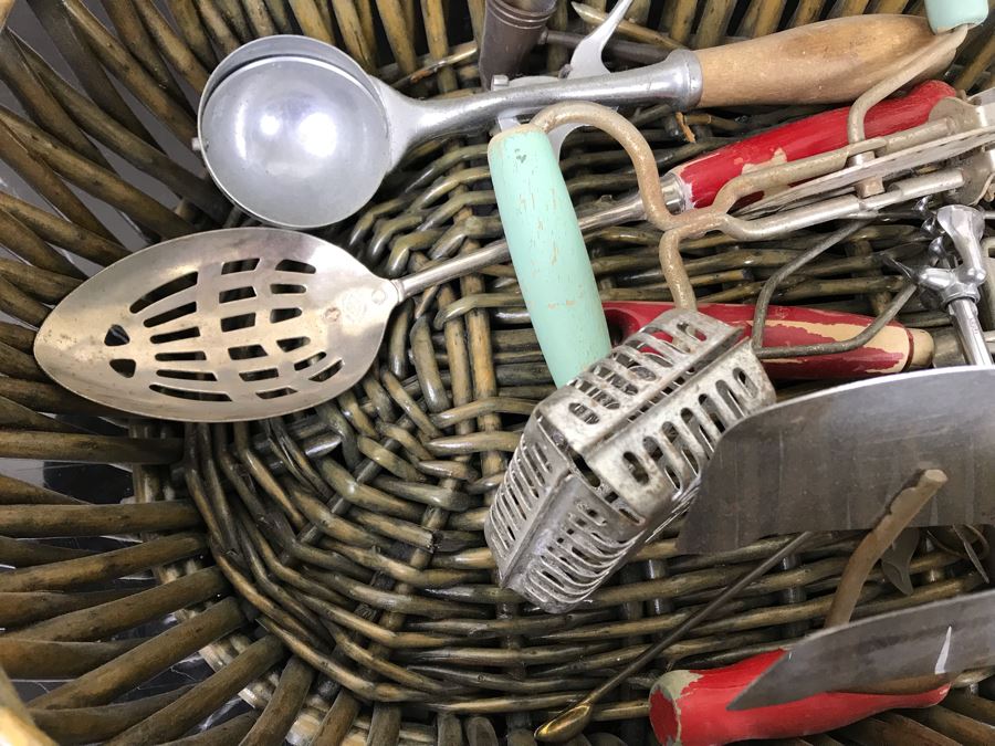 Huge Lot Of Vintage Kitchen Utensils Tools, Vintage Basket With Handle And Vintage Griswold Meat Grinder - See Photos [Photo 8]