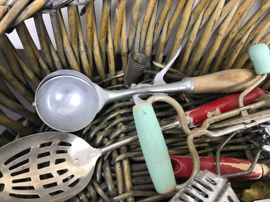 Huge Lot Of Vintage Kitchen Utensils Tools, Vintage Basket With Handle And Vintage Griswold Meat Grinder - See Photos [Photo 7]