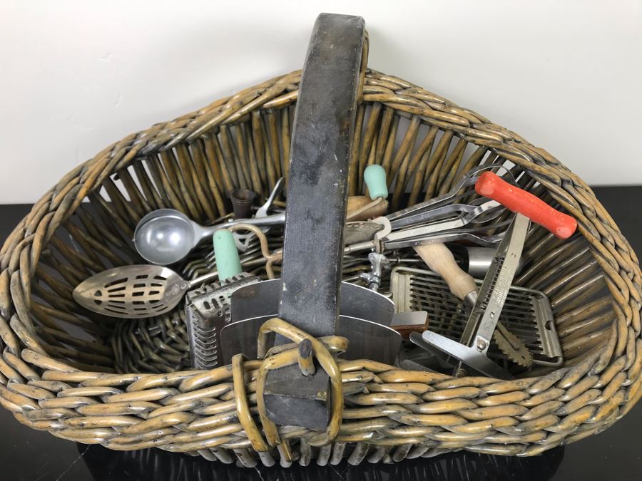 Huge Lot Of Vintage Kitchen Utensils Tools, Vintage Basket With Handle And Vintage Griswold Meat Grinder - See Photos [Photo 1]