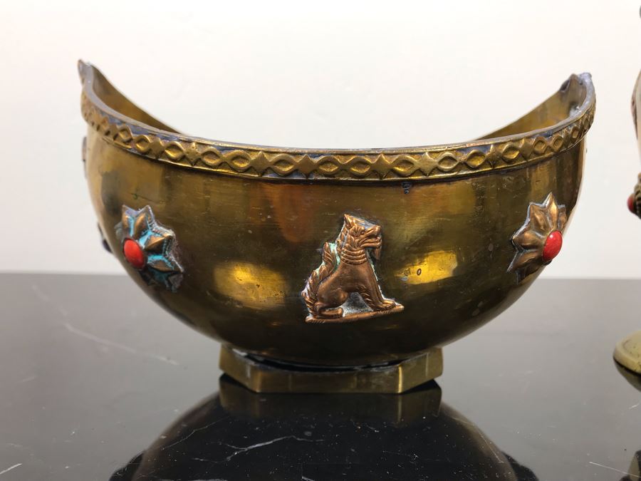Vintage Brass Bowl Basket And Vintage Brass Vase Cup Decorated With Metal Ornaments And Semi-Precious Stones [Photo 3]