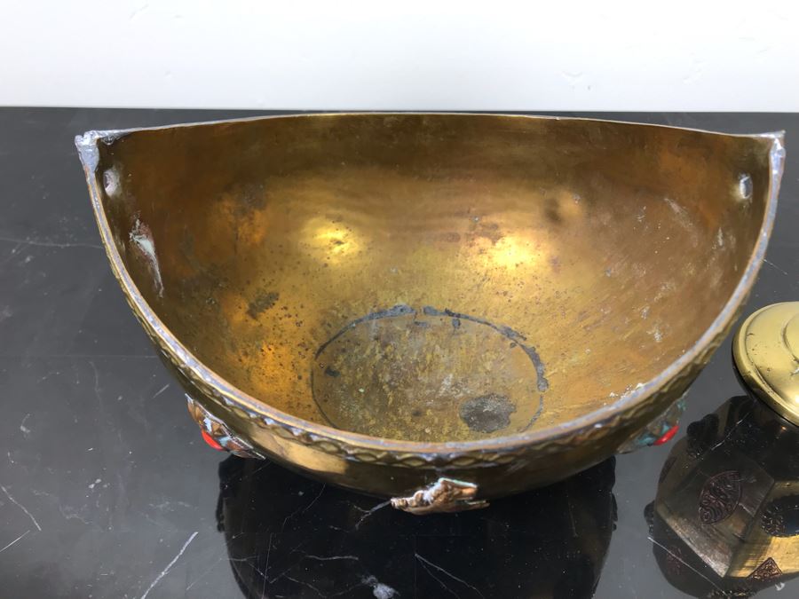 Vintage Brass Bowl Basket And Vintage Brass Vase Cup Decorated With Metal Ornaments And Semi-Precious Stones [Photo 7]
