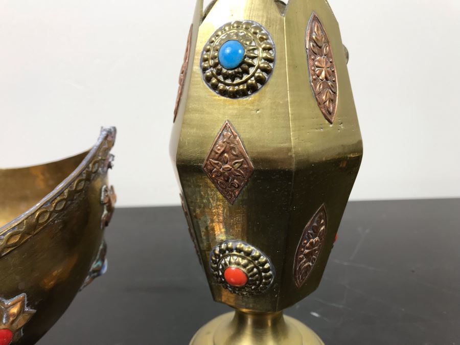 Vintage Brass Bowl Basket And Vintage Brass Vase Cup Decorated With Metal Ornaments And Semi-Precious Stones [Photo 15]