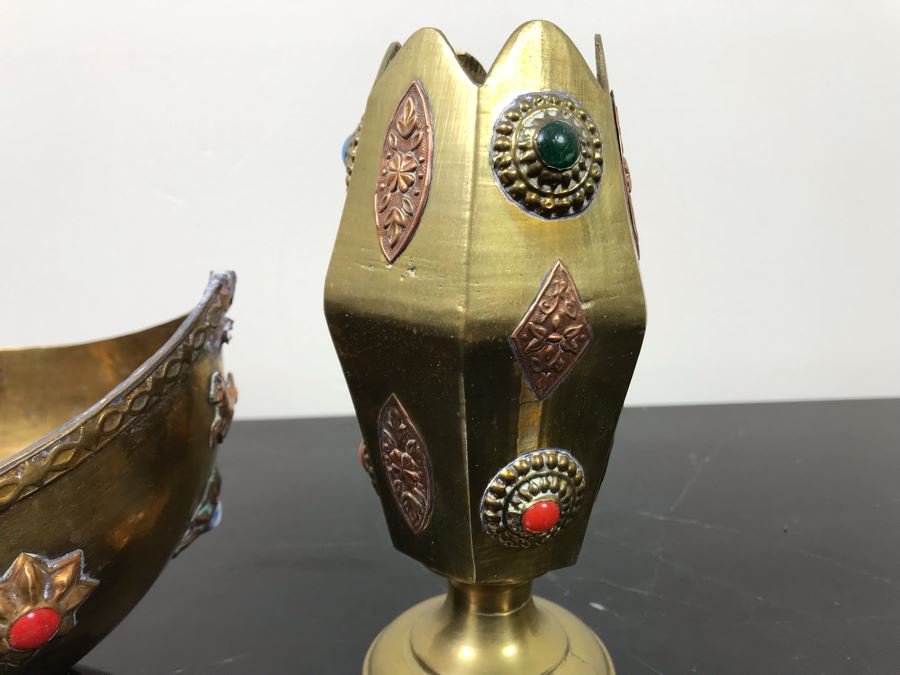 Vintage Brass Bowl Basket And Vintage Brass Vase Cup Decorated With Metal Ornaments And Semi-Precious Stones [Photo 13]