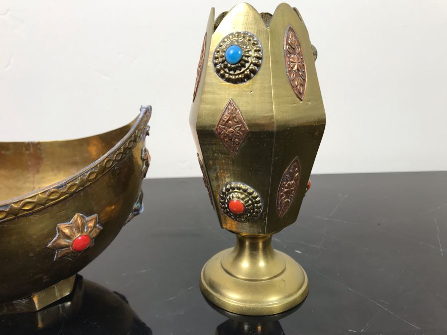 Vintage Brass Bowl Basket And Vintage Brass Vase Cup Decorated With Metal Ornaments And Semi-Precious Stones [Photo 14]