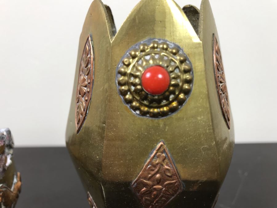 Vintage Brass Bowl Basket And Vintage Brass Vase Cup Decorated With Metal Ornaments And Semi-Precious Stones [Photo 10]