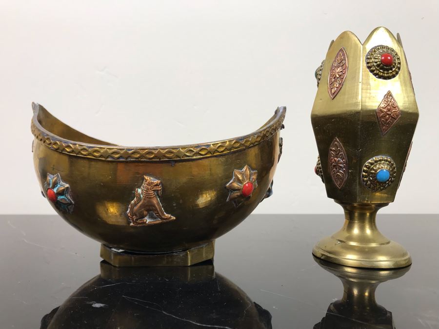 Vintage Brass Bowl Basket And Vintage Brass Vase Cup Decorated With Metal Ornaments And Semi-Precious Stones [Photo 2]
