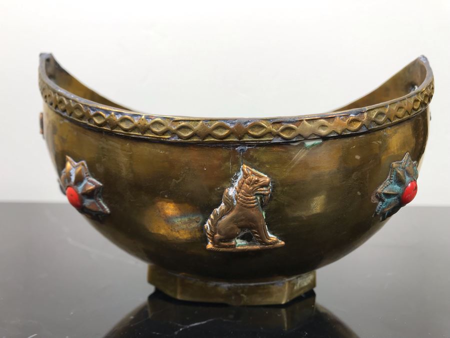Vintage Brass Bowl Basket And Vintage Brass Vase Cup Decorated With Metal Ornaments And Semi-Precious Stones [Photo 6]