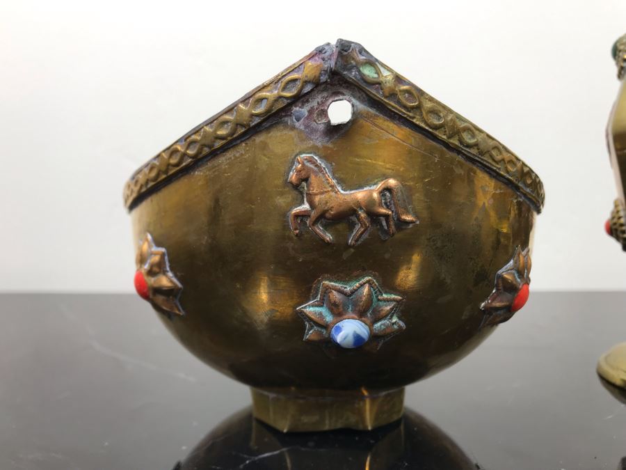 Vintage Brass Bowl Basket And Vintage Brass Vase Cup Decorated With Metal Ornaments And Semi-Precious Stones [Photo 4]