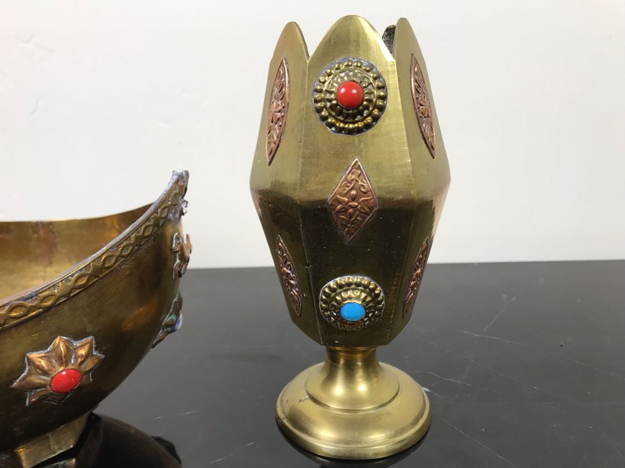 Vintage Brass Bowl Basket And Vintage Brass Vase Cup Decorated With Metal Ornaments And Semi-Precious Stones [Photo 9]