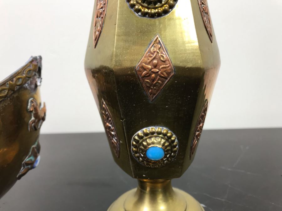 Vintage Brass Bowl Basket And Vintage Brass Vase Cup Decorated With Metal Ornaments And Semi-Precious Stones [Photo 11]