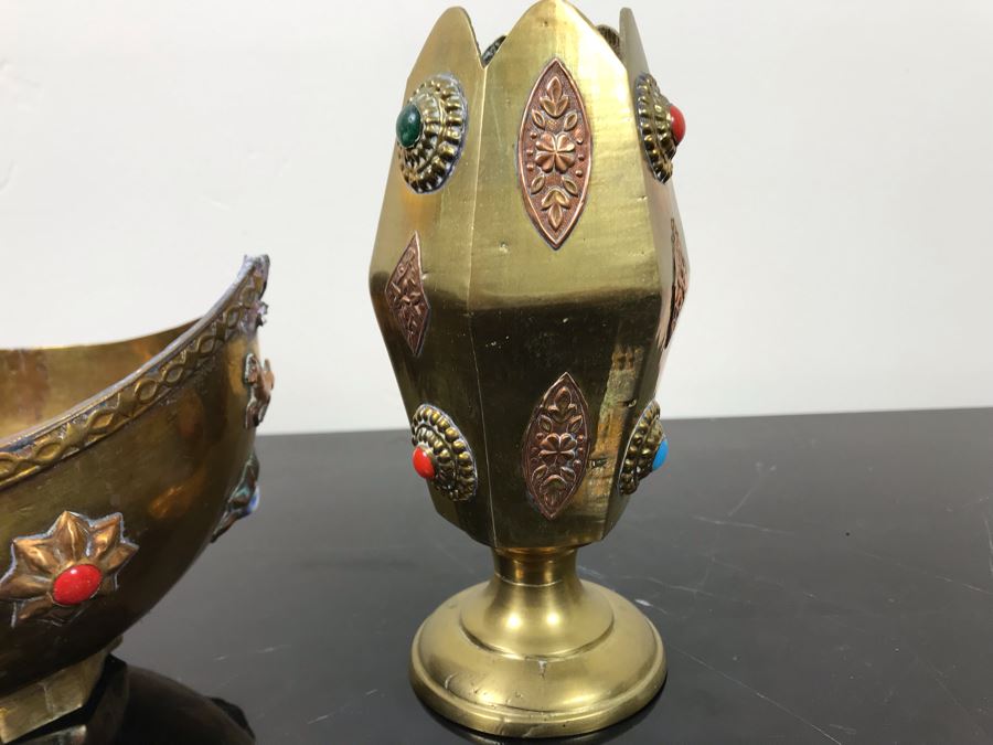 Vintage Brass Bowl Basket And Vintage Brass Vase Cup Decorated With Metal Ornaments And Semi-Precious Stones [Photo 12]