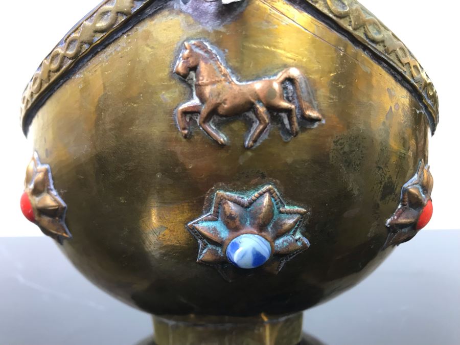 Vintage Brass Bowl Basket And Vintage Brass Vase Cup Decorated With Metal Ornaments And Semi-Precious Stones [Photo 5]