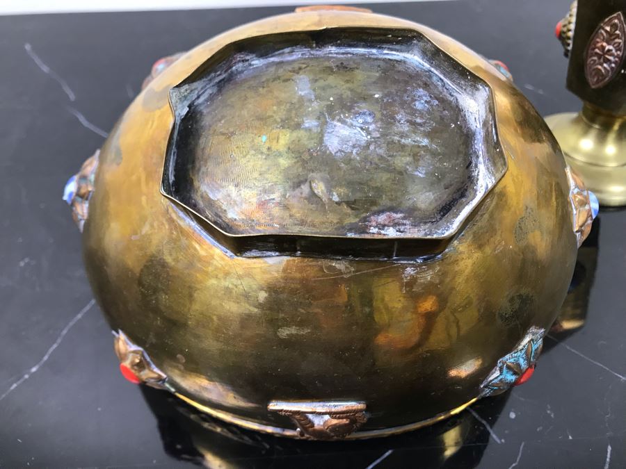 Vintage Brass Bowl Basket And Vintage Brass Vase Cup Decorated With Metal Ornaments And Semi-Precious Stones [Photo 8]