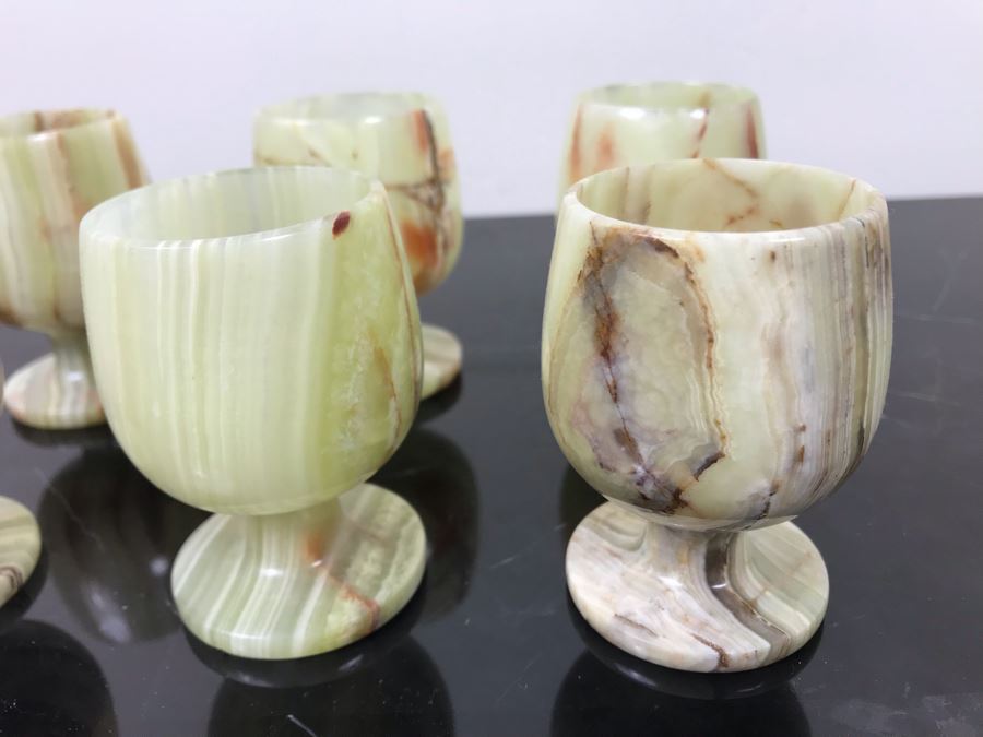 (6) 3' Polished White Onyx Footed Cups 3'H
