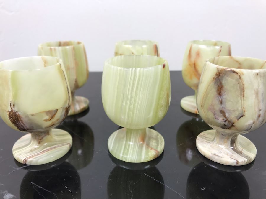 (6) 3' Polished White Onyx Footed Cups 3'H [Photo 1]
