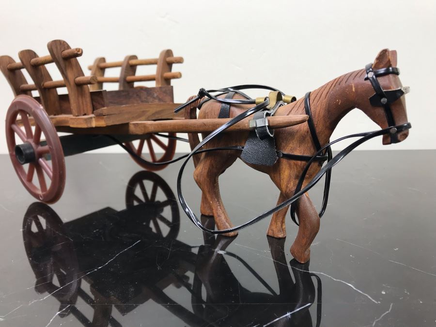 Vintage Brass Horse Sculpture And Carved Wooden Horse Pulling Wooden Cart [Photo 7]