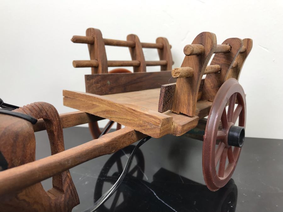 Vintage Brass Horse Sculpture And Carved Wooden Horse Pulling Wooden Cart [Photo 6]