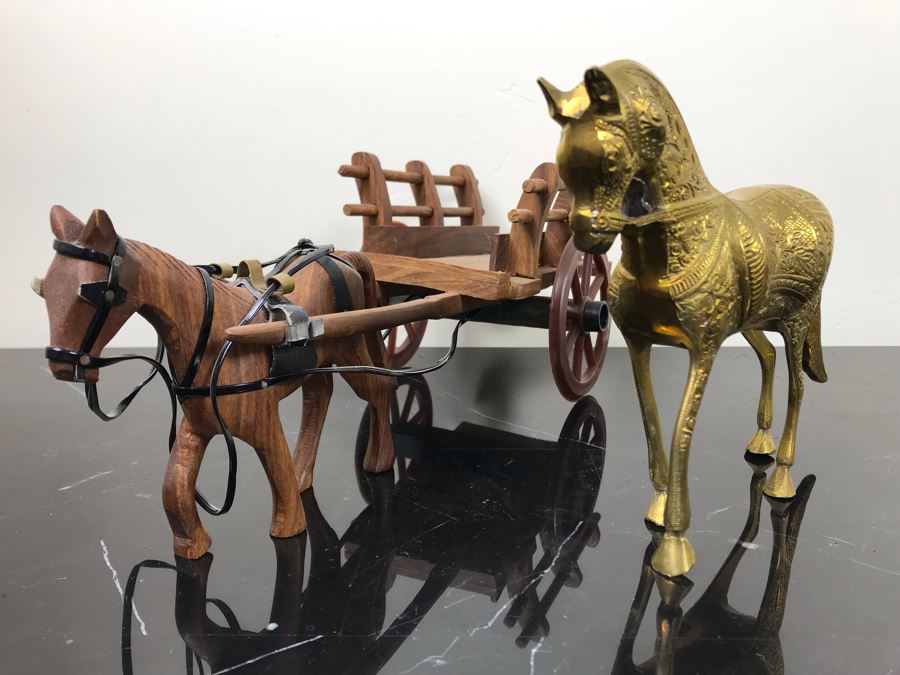 Vintage Brass Horse Sculpture And Carved Wooden Horse Pulling Wooden Cart [Photo 3]