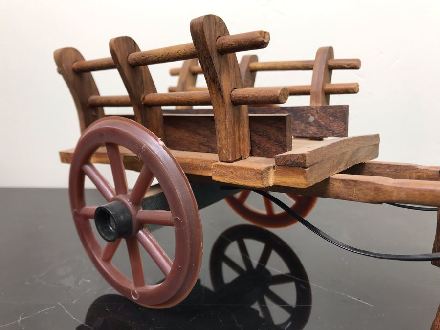 Vintage Brass Horse Sculpture And Carved Wooden Horse Pulling Wooden Cart [Photo 9]