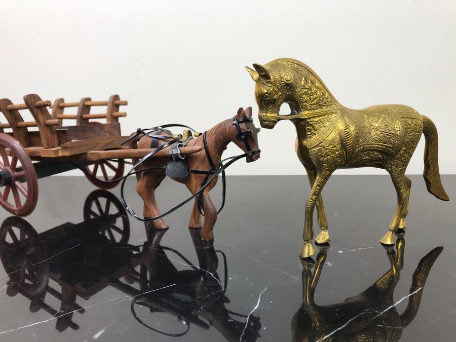 Vintage Brass Horse Sculpture And Carved Wooden Horse Pulling Wooden Cart