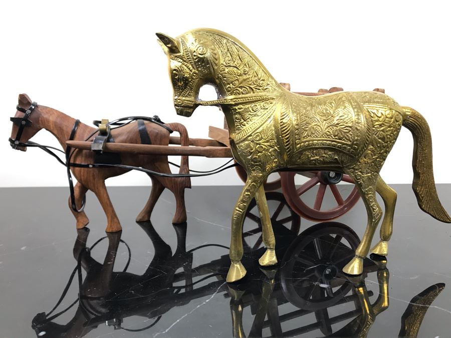 Vintage Brass Horse Sculpture And Carved Wooden Horse Pulling Wooden Cart [Photo 2]